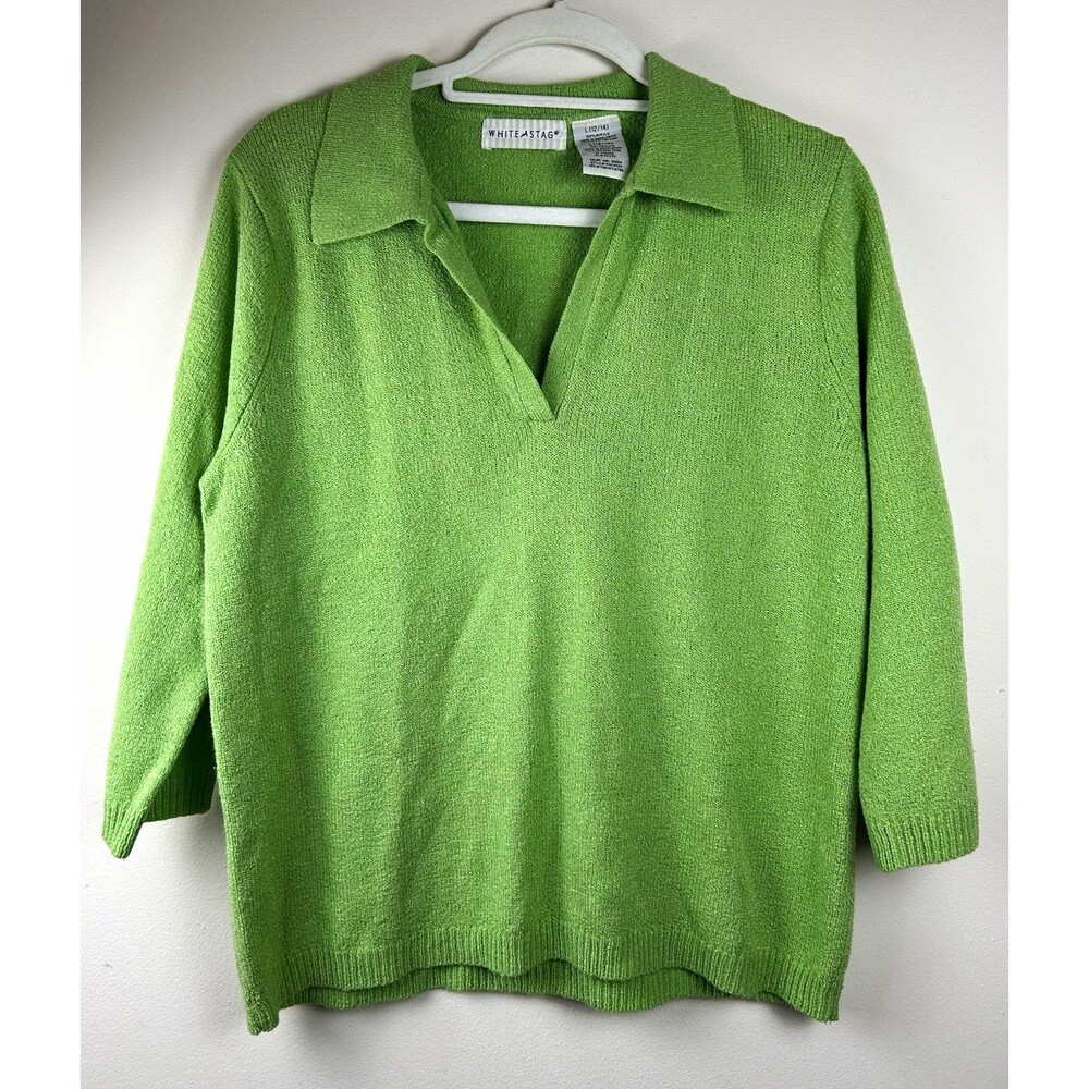 Vintage White Stag Women's L Green Acrylic Knit Collared V-Neck 3/4 Pullover
